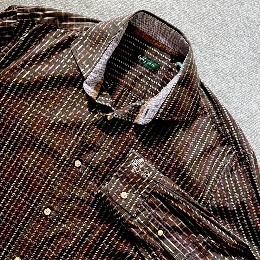 Bobby Jones Collection Mens Medium M Brown Plaid Long Sleeve Button Down Shirt